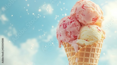 Delicious strawberry and vanilla ice cream scoops in waffle cone against soft cloudy blue sky
