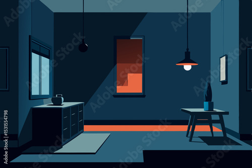 Vector illustration of a dark modern living room interior