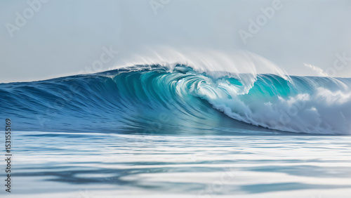 Powerful ocean wave cresting under clear sky in natural seascape scene.