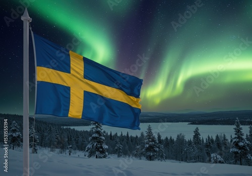 Wallpaper Mural Waving Swedish Flag Symbolizing Nordic Cross Over the Serene Forests and Lakes of Swedish Lapland Torontodigital.ca