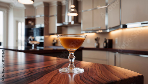 Elegant cocktail glass with caramel drink on wooden counter in modern kitchen.