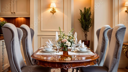 Elegant dining table set with floral centerpiece and high-back chairs in classic room.