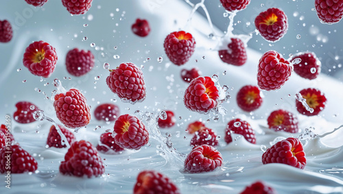 Fresh raspberries splashing into milk with water droplets in mid-air motion.