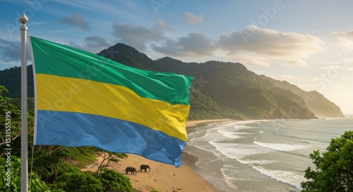 Waving Gabonese Flag Representing Forested Nation Where Rainforest Meets the Sea in Loango National Park