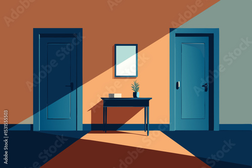 Vector illustration of interior hallway with two doors and console table