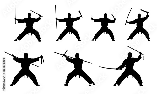 Set Bundle of Dynamic Silhouettes Demonstrating Martial Arts Weapon Techniques in Striking Black and White Designs