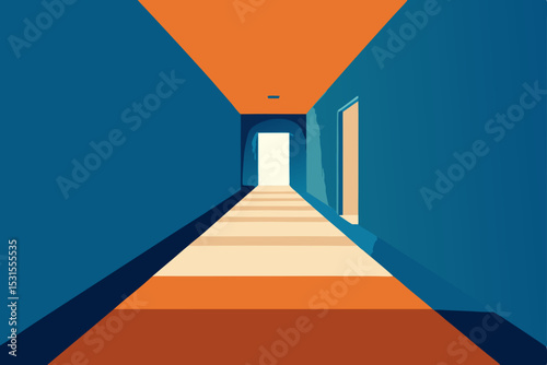 Vector illustration of a blue and orange corridor with doors