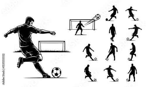 Set Bundle of Dynamic Silhouettes Illustrating Soccer Kicks and Plays in Striking Black and White Designs