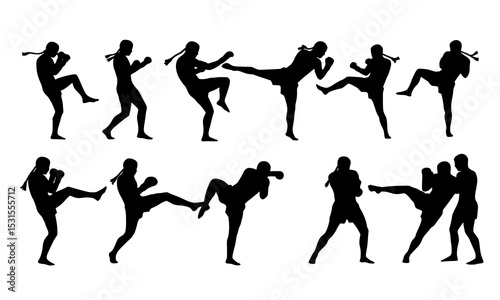 Set Bundle of Dynamic Boxing and Muay Thai Silhouettes Capturing Powerful Kicks and Punches in Bold Black and White Designs