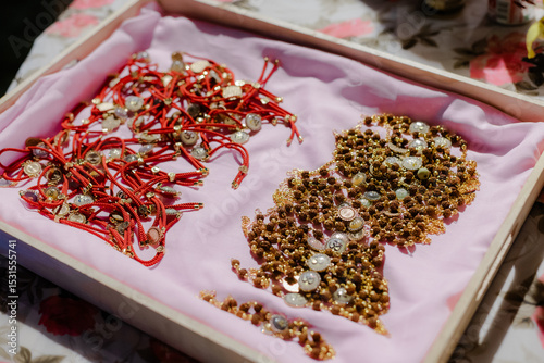 Handmade jewelry showcased in a tray, featuring colorful bracelets and beaded necklaces. Ready to accessorize your style with unique artisanal pieces.