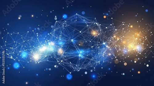 Abstract digital artwork depicting interconnected nodes forming a network, glowing with blue and gold lights against a dark blue background.