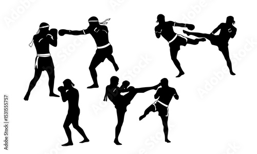 Set Bundle of Dynamic Martial Arts Silhouettes Showcasing Powerful Kicks and Punches in Bold Black and White Designs
