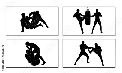 Set Bundle of Dynamic Boxing and Grappling Silhouettes Featuring Action-Packed Techniques and Training in Striking Black and White Designs