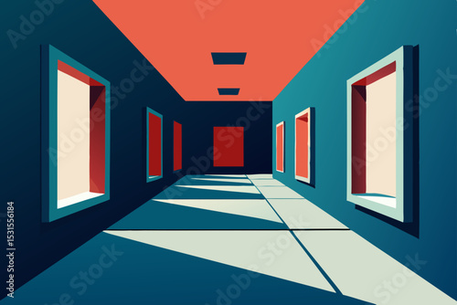 empty corridor with red wall and blue windows