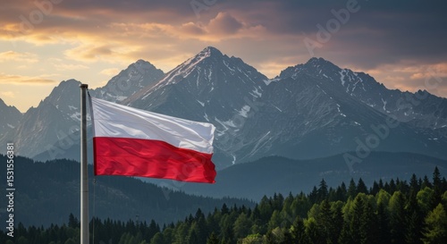 Waving Polish Flag Representing National Resilience Against the Dramatic High Peaks of the Tatra Mountains