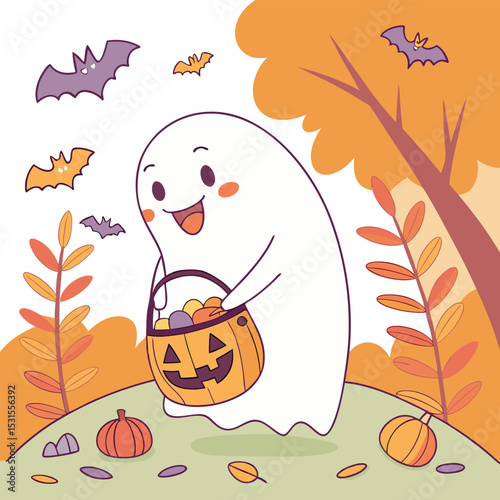 cute halloween ghost with pumpkin bucket vector
