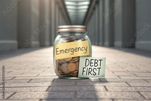 Overdue Debt Management Concept, A cracked emergency savings jar labeled for financial planning. photo