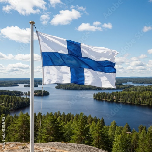 Waving Finnish Flag Symbolizing Land of Thousand Lakes Over the Serene Forested Finnish Lakeland