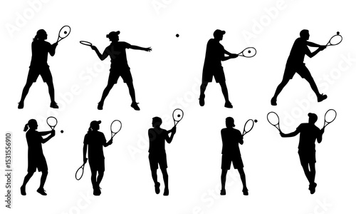 Set Bundle Tennis Action Silhouettes Illustrating Diverse Player Movements and Techniques for Enthusiasts and Sports Lovers