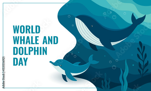 World Whale and Dolphin Day. Template for background, banner, greeting card, poster with text inscription, highlighting marine life and ocean conservation. Vector illustration.