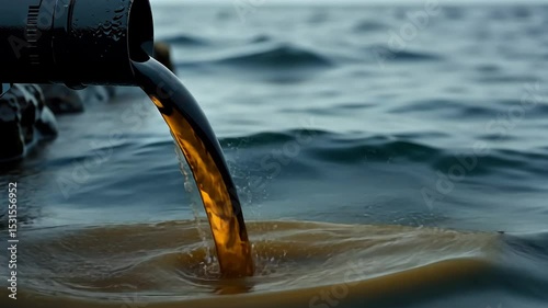 Sewage flows from pipe into ocean, polluting marine sea ecosystem. AI Generative