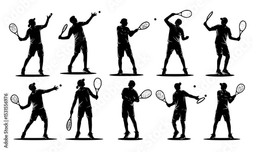 Set Bundle Tennis Silhouettes Showcasing Various Racket Skills and Movements Perfect for Sports Enthusiasts and Fitness Lovers