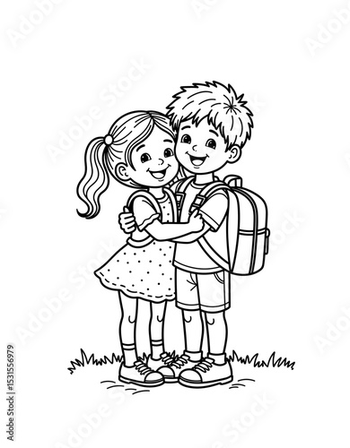 Two children hugging happily before school with backpacks on  