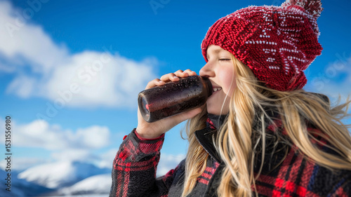 Young girl in cozy outfit and hat sips energy drink from brightly packaged bottle under blue sky