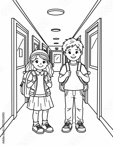Children standing in hallway with backpacks ready for school - Daily School Routine  