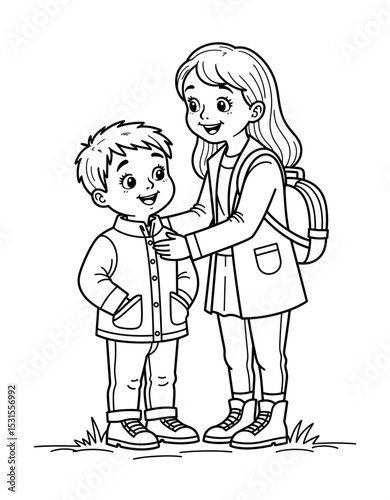Girl helping boy put on jacket during daily school routine  