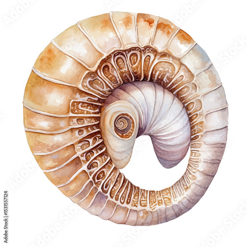 Nautilus Close Up, watercolor painting vector, isolated on a white background.