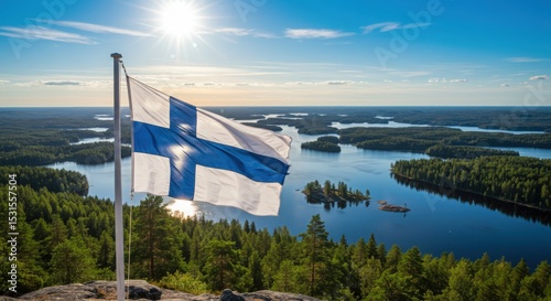 Waving Finnish Flag Symbolizing Land of Thousand Lakes Over the Serene Forested Finnish Lakeland