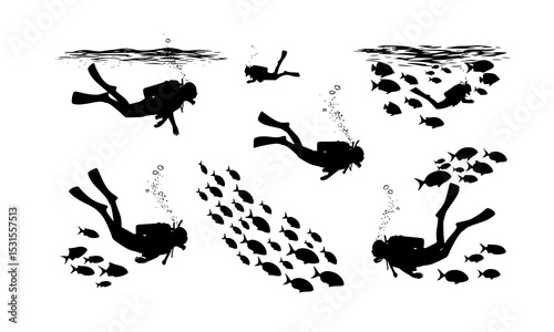 Set Bundle Dynamic black and white silhouettes of divers exploring underwater life with schools of fish showcasing the beauty of marine adventures