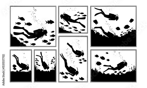 Set Bundle Captivating black and white illustrations of divers exploring vibrant underwater realms filled with diverse marine life and schools of fish