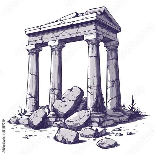 Ancient Temple Ruins Doodle vector 2D flat illustration, isolated on a white background.