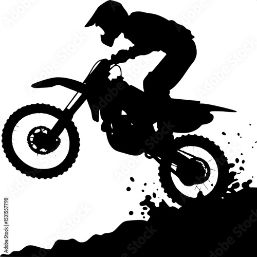 "Graphic vector illustration of a motocross bike in flight, with the rider in full gear, leaning forward mid-jump, with splashes of dirt and impact lines showing motion and intensity."