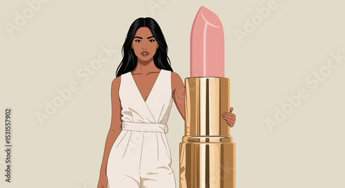 Woman Holding Pink Lipstick in Minimalist Style for Beauty Blogs, Cosmetic Websites, Fashion Content, Makeup Tutorials, Online Marketing Campaigns, and Social Media Promotions
