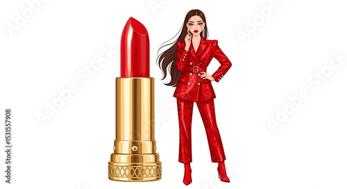 Fashionable Woman in Red Suit with Bold Red Lipstick for Beauty Blogs, Makeup Tutorials, Fashion Industry Websites, and Social Media Campaigns