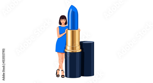 Woman in Blue Dress Holding Large Blue Lipstick for Beauty Blogs, Fashion Websites, Makeup Education, Social Media Campaigns, and Cosmetic Awareness