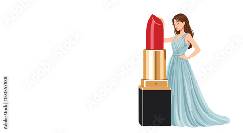 Woman in Elegant Dress Admiring Giant Red Lipstick for Beauty Blogs, Fashion Websites, Makeup Tutorials, Skincare Education, and Trendy Social Media Content