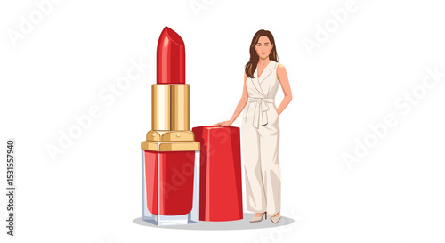 Stylish Woman Standing Beside Iconic Red Lipstick for Beauty Blogs, Fashion Websites, Cosmetic Promotions, Makeup Tutorials, and Social Media Content