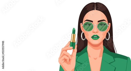 Stylish Woman Holding Green Lipstick in Chic Outfit for Fashion Blogs, Beauty Websites, Makeup Tutorials, Cosmetic Promotions, and Social Media Content