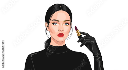 Stylish Woman Applying Lipstick with Elegance and Confidence for Fashion Blogs, Beauty Websites, Makeup Tips, Social Media Content, and Personal Style Articles