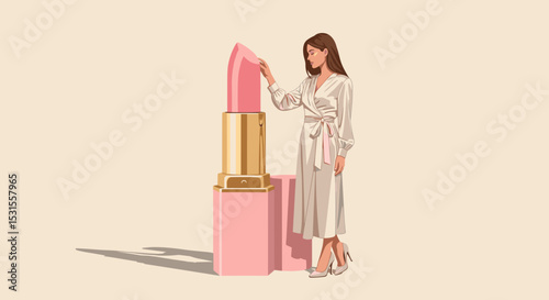 Woman in Elegant Dress Admiring Large Pink Lipstick for Beauty Blogs, Cosmetic Websites, Fashion Marketing, Makeup Education, and Social Media Content