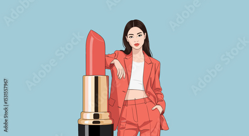 Fashionable Woman in Coral Suit with Bold Lipstick for Beauty Blogs, Makeup Tutorials, Virtual Events, Cosmetic Promotions, and Online Style Guides