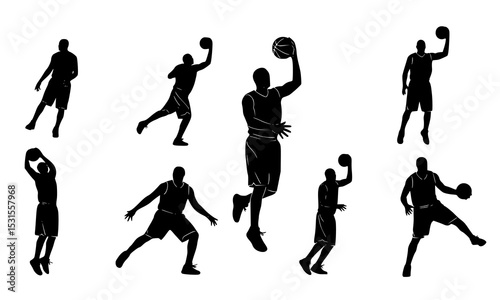 Set Bundle of Black and White Silhouettes of Basketball Players Capturing Various Movements and Techniques in Dynamic Action on the Court