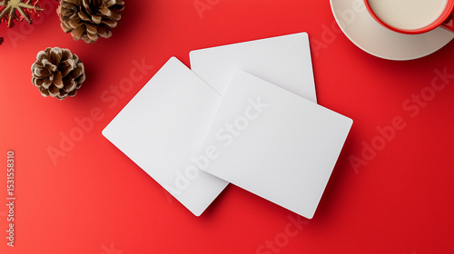 Blank cards on red surface with pinecones and coffee cup  