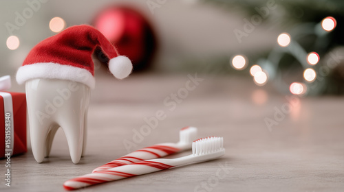 Tooth wearing Santa hat beside festive toothbrush and gifts  