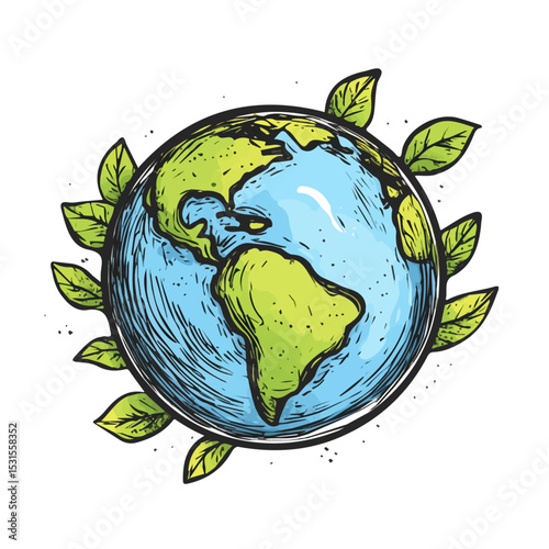2D flat Earth Globe With Leaves Doodle illustration vector, isolated on a white background.