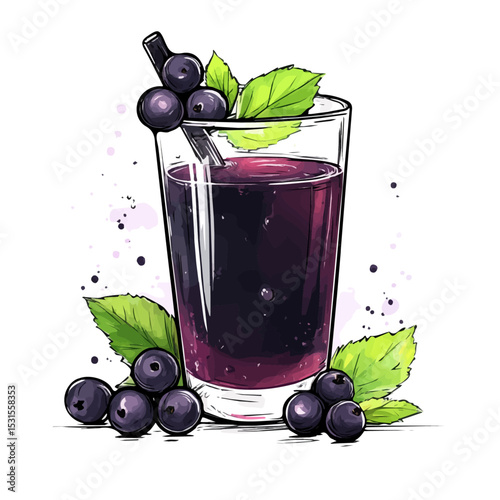 2D flat Blackcurrant Juice Doodle vector illustration, isolated on a white background.